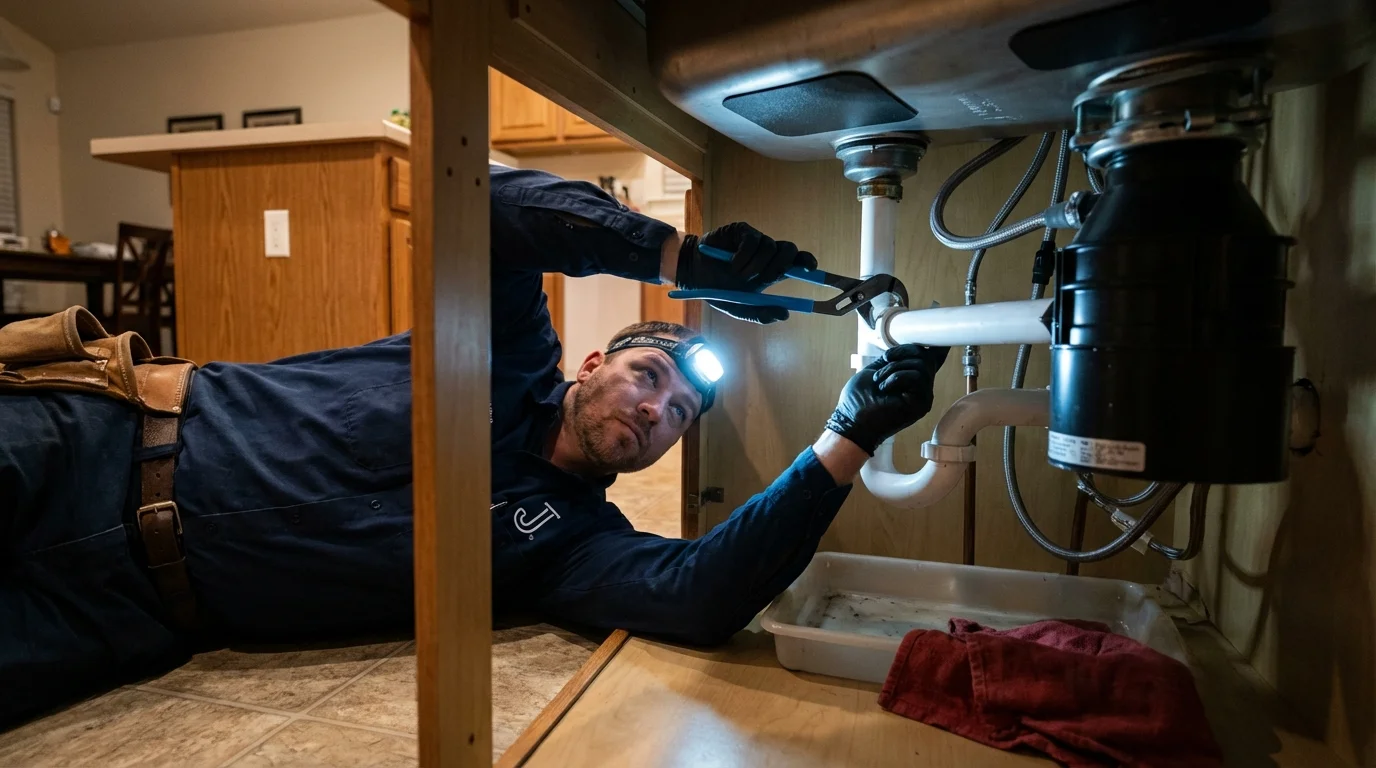 P-trap and supply line connections under a kitchen sink showing a common leak point in Concord, NC